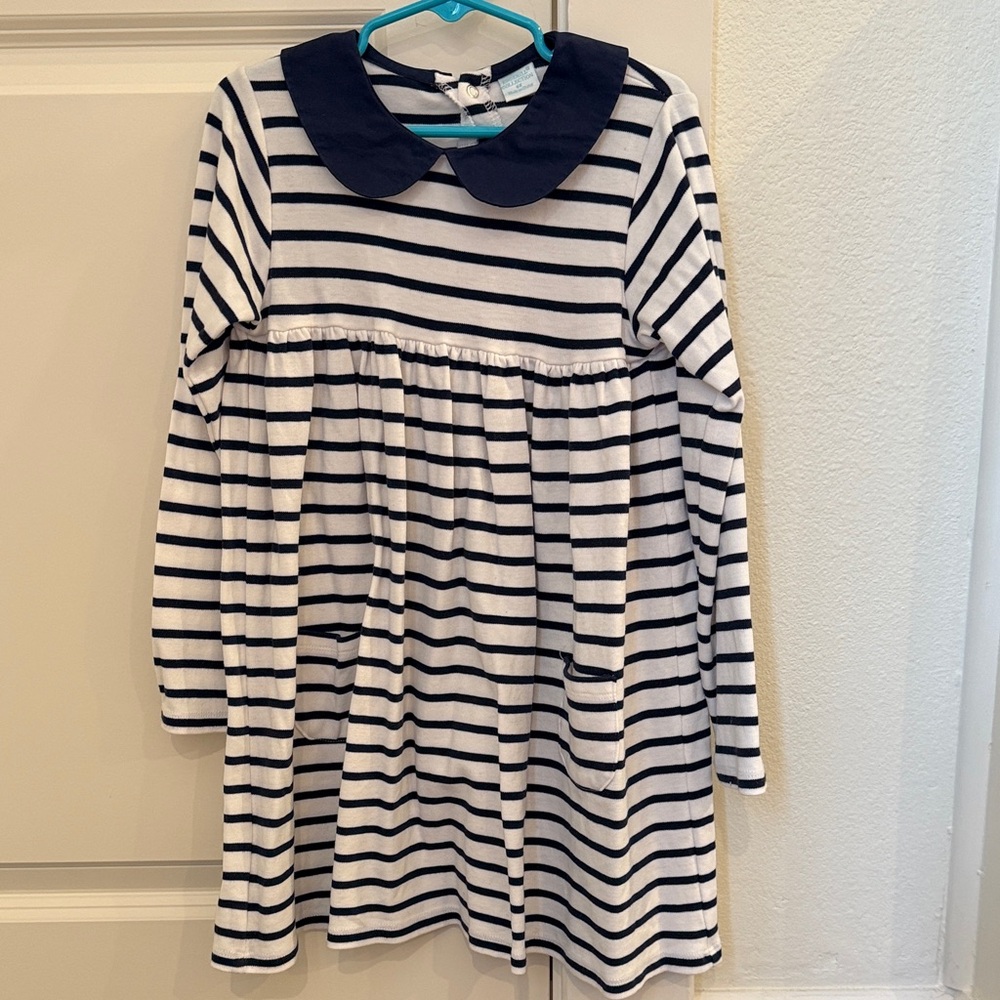Edgehill Collection Striped Long Sleeve Dress with Navy Collar.